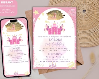 Magic Princess Unicorn Birthday Invitation - Pink Pastel, Watercolor, Cute Girl Birthday, Castle, Printable, Editable Template PDF, Baby