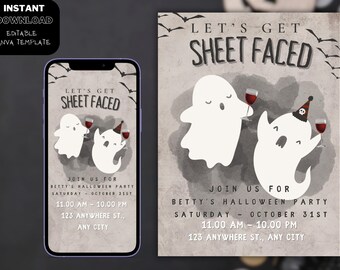 Let's Get Sheet Faced! Halloween Party Invitation Template, Digital Download Invite, Editable Ghost Invite, Printable Halloween Invitation