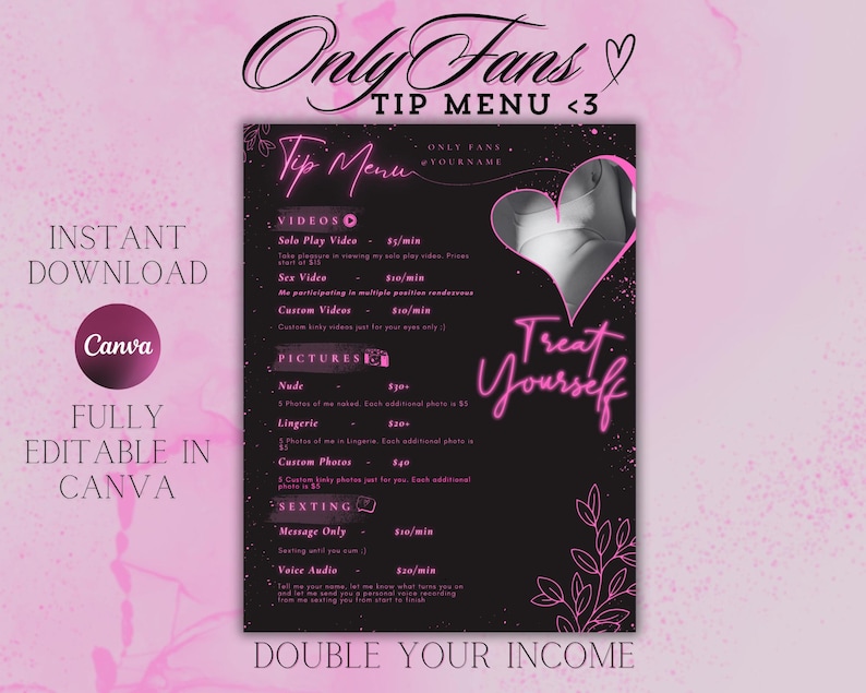 Black Hot Pink Neon OnlyFans Tip Menu With Listed Reference Prices, Photo Slot, and Social Media Handle. Fully customizable.