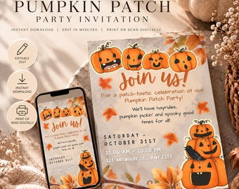 Pumpkin Patch Birthday Invitation Editable, Fall Party Invite Printable, Autumn Hayride Template, Instant Download Kids Birthday