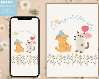 Get Well Soon Cat Pun Card, Encouragement Printable (Digital Download)