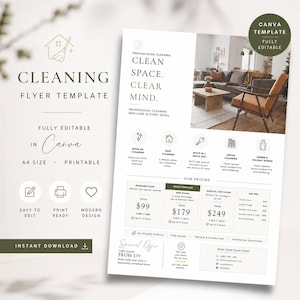 May include: A cleaning flyer template in A4 size featuring the text CLEANING FLYER TEMPLATE, CANVA TEMPLATE FULLY EDITABLE, CLEAN SPACE. CLEAR MIND., and sections for services, pricing, and contact details with a photo of a living room.
