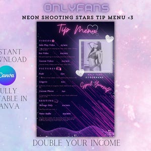 Neon Shooting Stars OnlyFans-tipmenu, bewerkbare sjabloon, tipmenusjablonen, fansly-sjabloon, modern tipmenu, maker voor volwassenen, camgirl