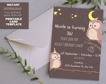 Owl Birthday Invitation Template, Cute Autumn Party (Digital Download)