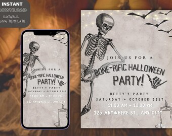 Halloween Party Invitation, Skeleton Design, Editable Template (Digital Download)