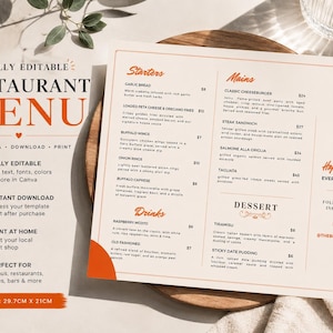 Könnte beinhalten: Eine Restaurant-Menüvorlage mit weißem Hintergrund, orangefarbenen Akzenten und schwarzem Text. Das Menü enthält Abschnitte für Vorspeisen, Hauptgerichte, Getränke und Desserts, darunter Gerichte wie Knoblauchbrot, Cheeseburger und Tiramisu, im A4-Format von 29,7 cm x 21 cm.
