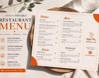 Restaurant Menu Template, Editable Canva Menu, Printable Cafe Bar Menu Design, Modern Minimal Menu, Instant Download, Food Menu Template
