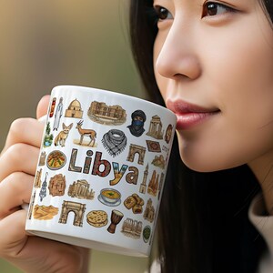 Peut inclure: Mug en céramique blanche orné d'illustrations colorées de monuments et symboles culturels libyens. Le mot "Libye" est mis en évidence. Le mug est tenu par une personne.