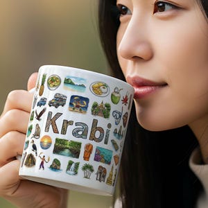 Op de afbeelding: Witte keramische mok met kleurrijke illustraties van Krabi, Thailand, waaronder een zonsondergang, bezienswaardigheden en lokale gerechten. Het woord "Krabi" is in decoratieve letters gedrukt. De mok wordt door een persoon vastgehouden.