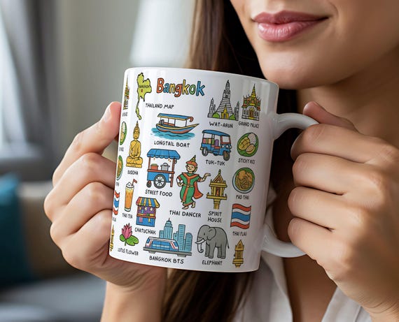 Bangkok Thailand Mug | Colorful Ceramic Icons Travel Mug | 11oz