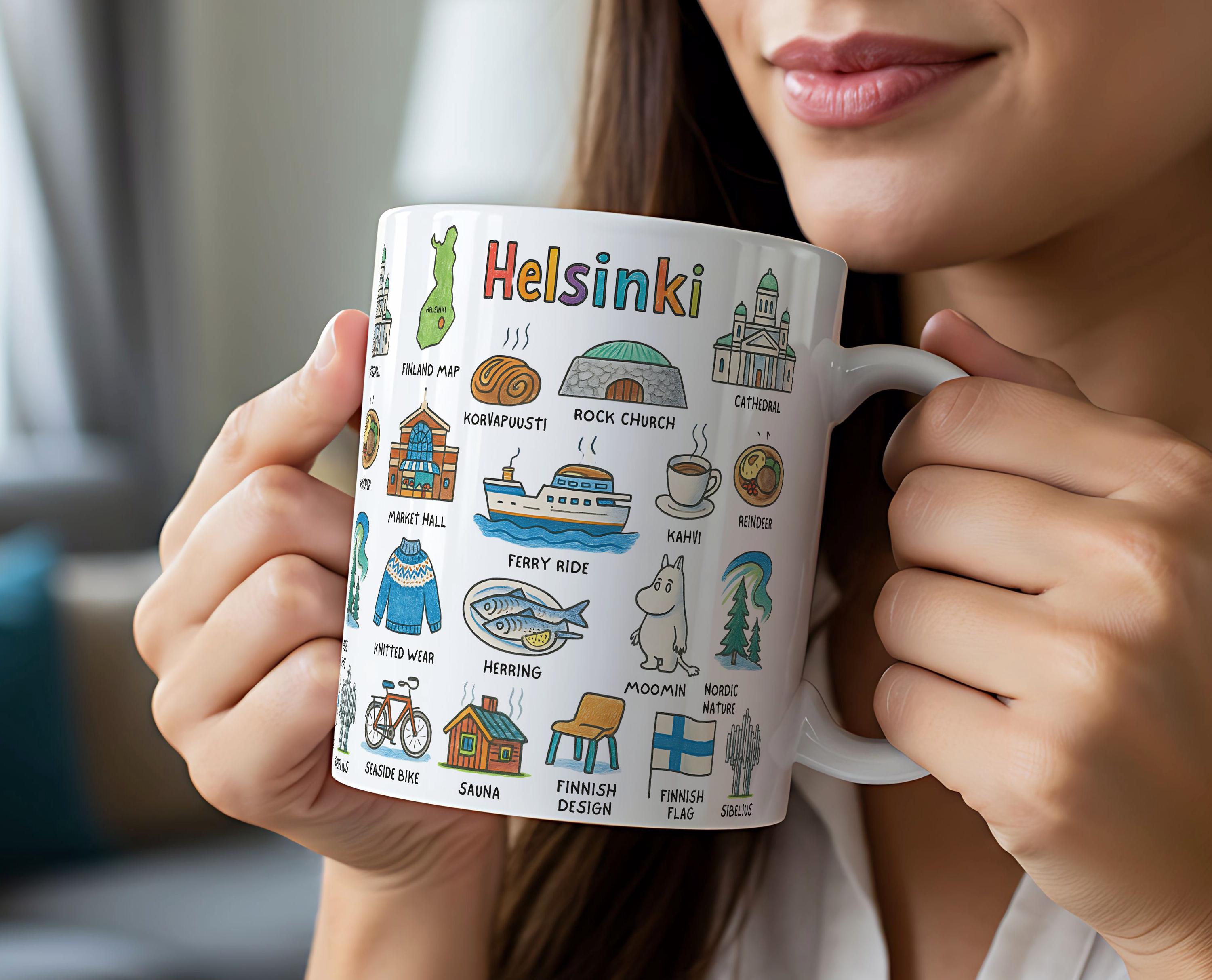 Helsinki Finland Mug | Colorful Ceramic Icons Travel Mug | 11oz