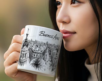 Buenos Aires Argentina Travel Mug – Black & White Landmark Sketch Design