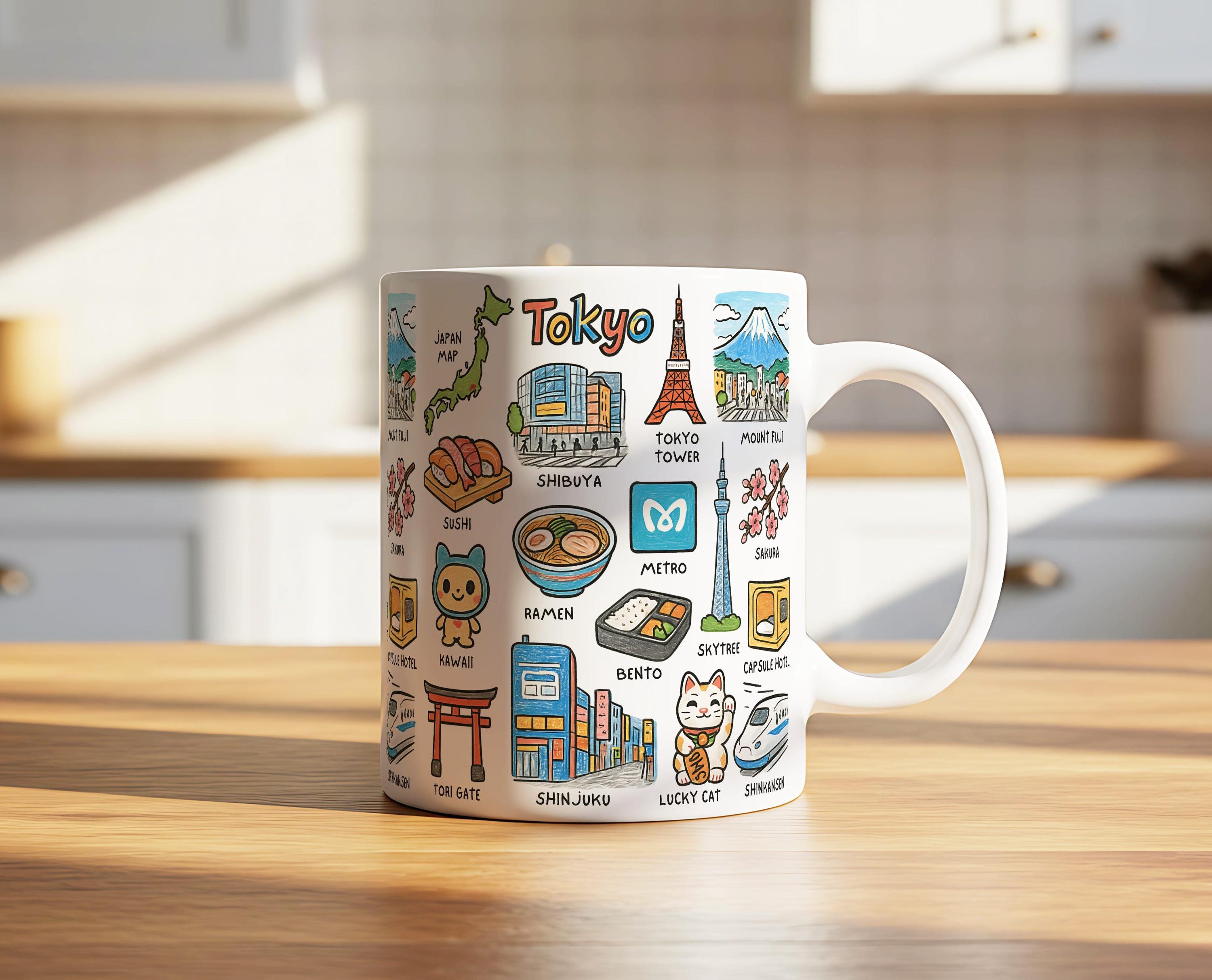 Tokyo Japan Mug | Colorful Ceramic Icons Travel Mug | 11oz 325ml