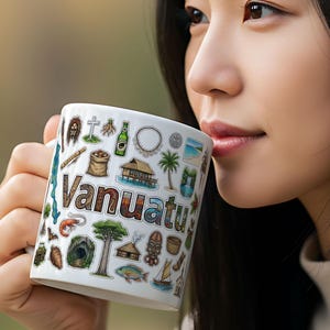 Vanuatus kulturella ikoner mugg | Keramisk kaffemugg 340 g | Vanuatus landmärken och matgåva | Resesouvenir