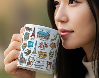 Tokyo Japan Mug | Colorful Ceramic Icons Travel Mug | 11oz 325ml