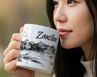 Zanzibar Tanzania Travel Mug – Black & White Landmark Sketch Design