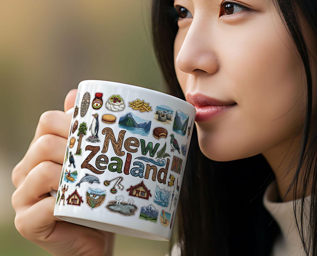 Nz Iconic Items New Zealand Cultural Icons Mug | 11oz Ceramic Coffee Mug | New Zealand ...