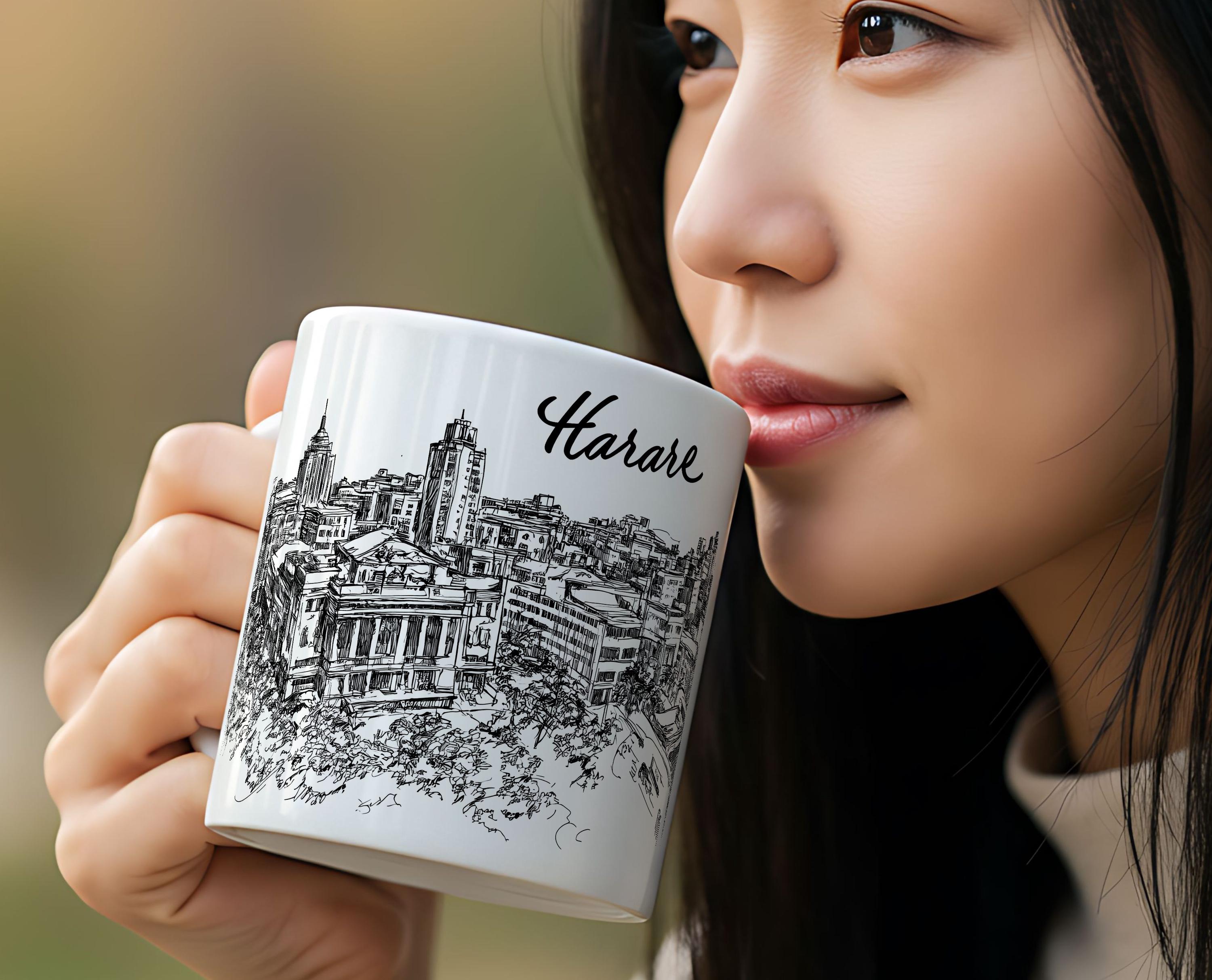 Harare Zimbabwe Travel Mug – Black & White Landmark Sketch Design