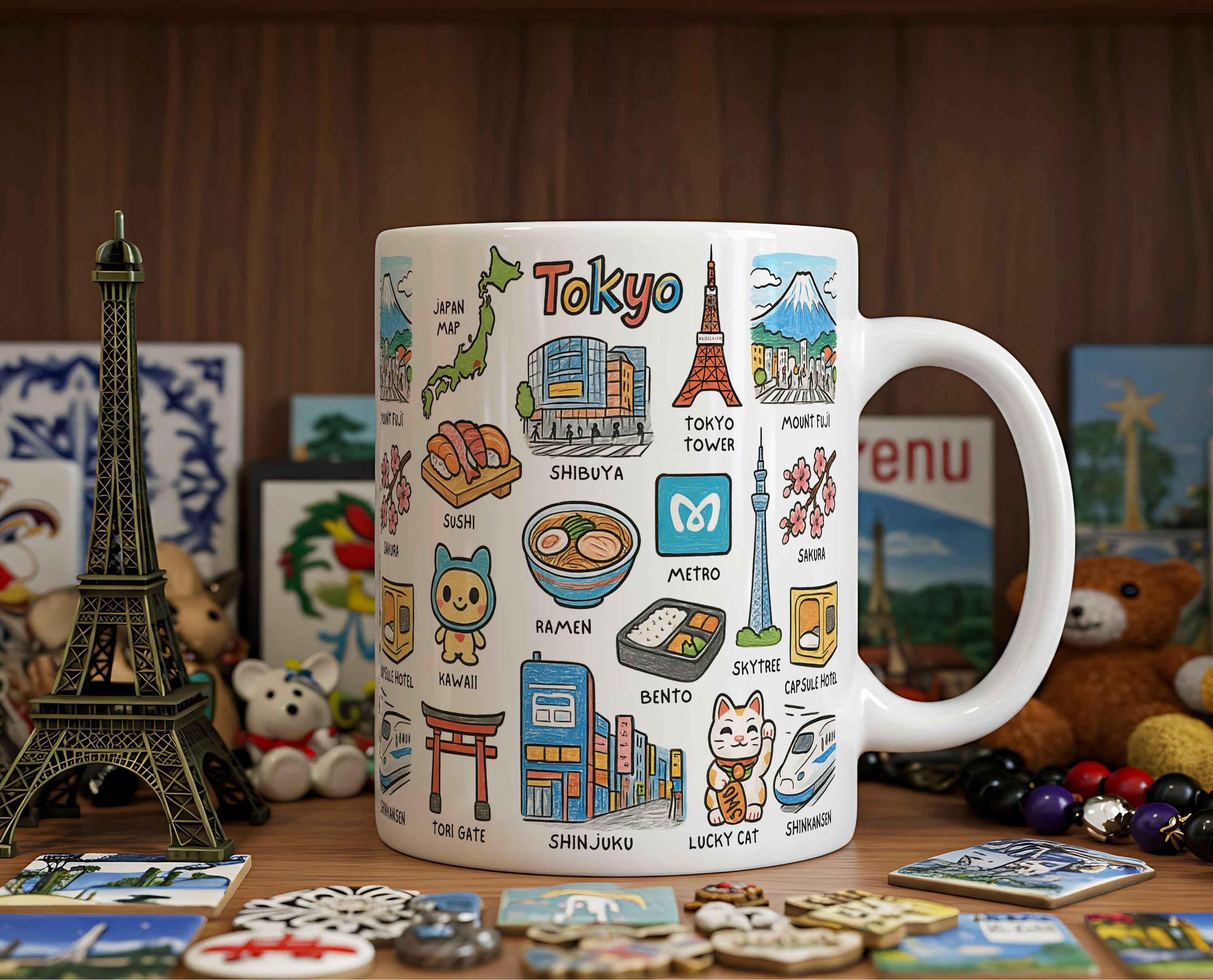 Tokyo Japan Mug | Colorful Ceramic Icons Travel Mug | 11oz 325ml