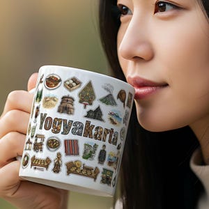 Kubek z ikonami kultury Yogyakarty w Indonezji | Ceramiczny kubek do kawy o pojemności 11 uncji | Prezent z Yogyakarty w Indonezji z zabytkami i jedzeniem | Pamiątka z podróży