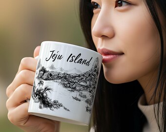 Jeju Island South Korea Travel Mug – Black & White Landmark Sketch Design