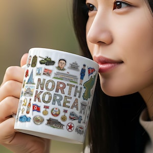 May include: White ceramic mug with the words "NORTH KOREA" in a colorful, textured font. The mug is decorated with various North Korean themed illustrations, including a tank, a portrait, and a map. The mug is being held.