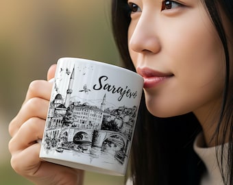 Sarajevo Bosnia and Herzegovina Travel Mug – Black & White Landmark Sketch Design