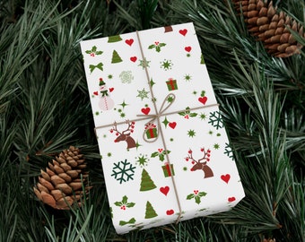 May include: A wrapped gift with a festive Christmas pattern featuring reindeer, snowflakes, Christmas trees, hearts, and gift boxes. The wrapping paper is white with green, red, and brown illustrations, tied with twine, and set on a bed of pine needles and pine cones.