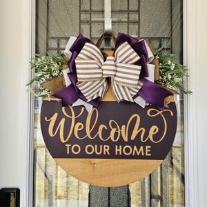 Purple Farmhouse Welcome Sign: Baltic Birch Wood Door Hanger