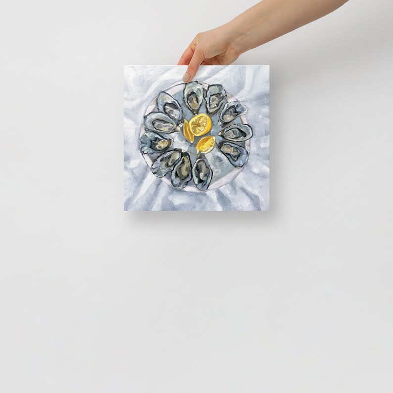 Coastal Kitchen Decor: Painting Print of a Plate of 11 Oysters on a tablecloth - Art Print Oyster flat lay