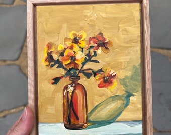 Oil Painting Wild Flowers in Amber Glass Bottle - Small Framed Original Painting Blue and Yellow Mustard Nostalgic Colours - Still Life Art