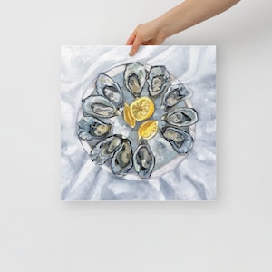 Coastal Kitchen Decor: Painting Print of a Plate of 11 Oysters on a tablecloth - Art Print Oyster flat lay