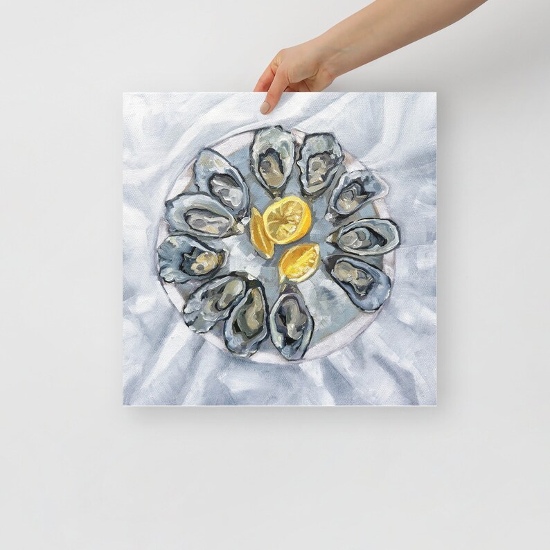 Coastal Kitchen Decor: Painting Print of a Plate of 11 Oysters on a tablecloth - Art Print Oyster flat lay