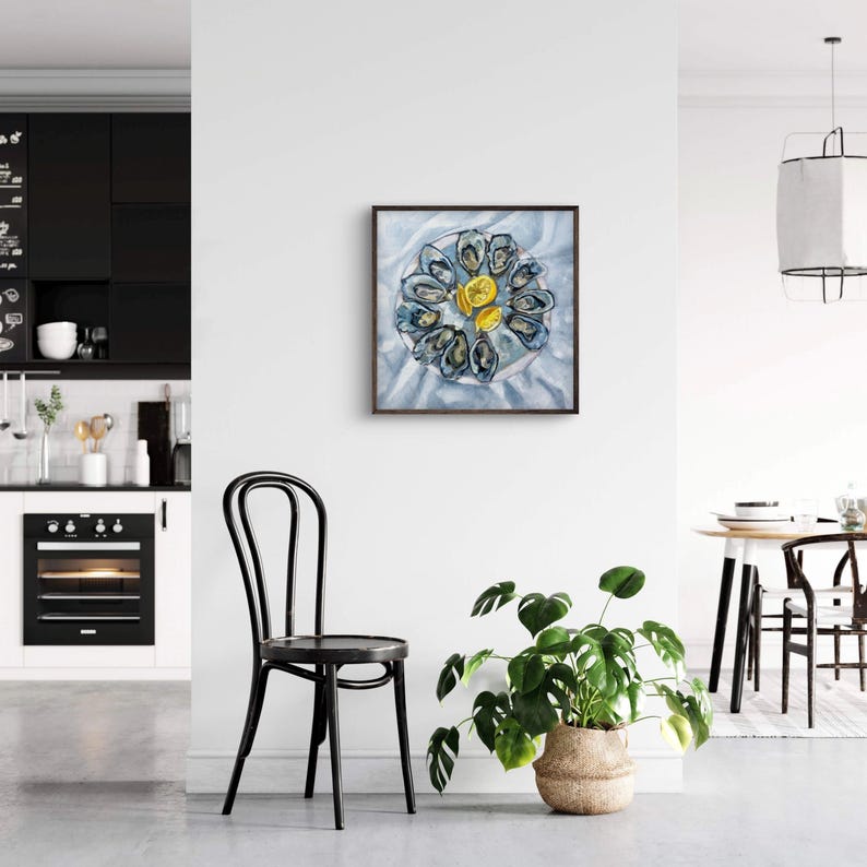 May include: A watercolor painting of a plate of oysters with lemon wedges. The oysters are arranged in a circle around the lemon wedges. The painting is on a white background.
