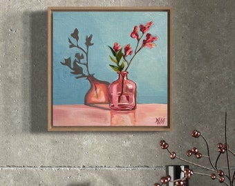 Pink Glass Bottle Oil Painting - Mini Square Floral Artwork - small Framed Original Art - Painting for Bathroom, Powder Room & Living space