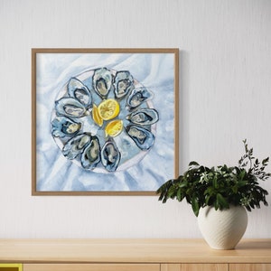May include: A watercolor painting of a plate of oysters and lemon wedges. The oysters are arranged in a circle around the lemon wedges, which are in the center of the plate. The painting is done in shades of blue, white, and yellow.