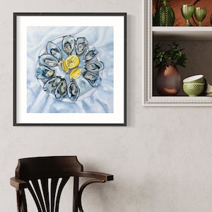 May include: A watercolor painting of a plate of oysters with lemon wedges on a blue background.