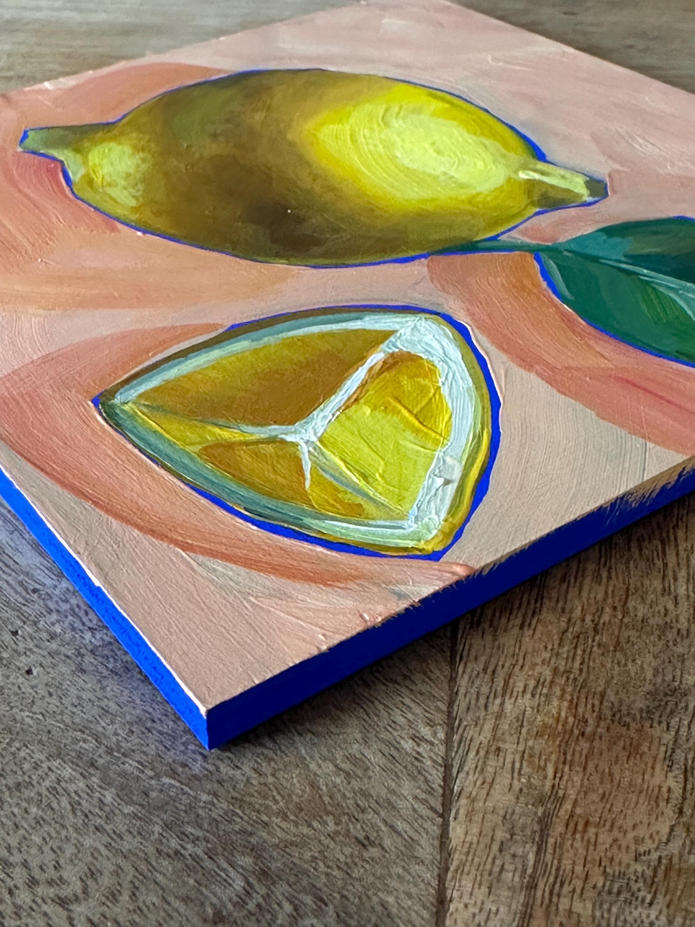 レモンの静物画 木製フレーム付き レモンとカットグラスのある静物