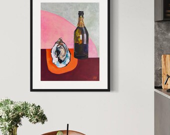 牡蠣とシャンパンのアートプリント – セージグリーン、カラーブロックポスター