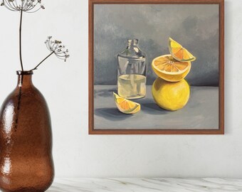 May include: A painting of a still life with a glass bottle filled with a yellow liquid and three slices of grapefruit on a gray background.