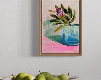 Original Acrylic Painting: Colorful Protea Plant in Pot, Neon Pink Highlights