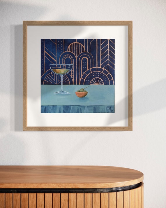 Art Deco Martini Art Print: Deep Blue Cocktail Painting