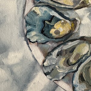 May include: A close-up of a painting of several oysters on a white surface. The oysters are painted in shades of gray and blue with hints of yellow.