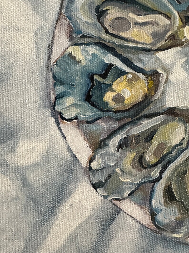 May include: A close-up of a painting of several oysters on a white surface. The oysters are painted in shades of gray and blue with hints of yellow.