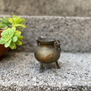 May include: A small, antique brass cauldron with three legs and two handles. The cauldron has a rounded body and a tarnished finish, suggesting age. It sits on a textured, gray surface, with a succulent plant in the background.