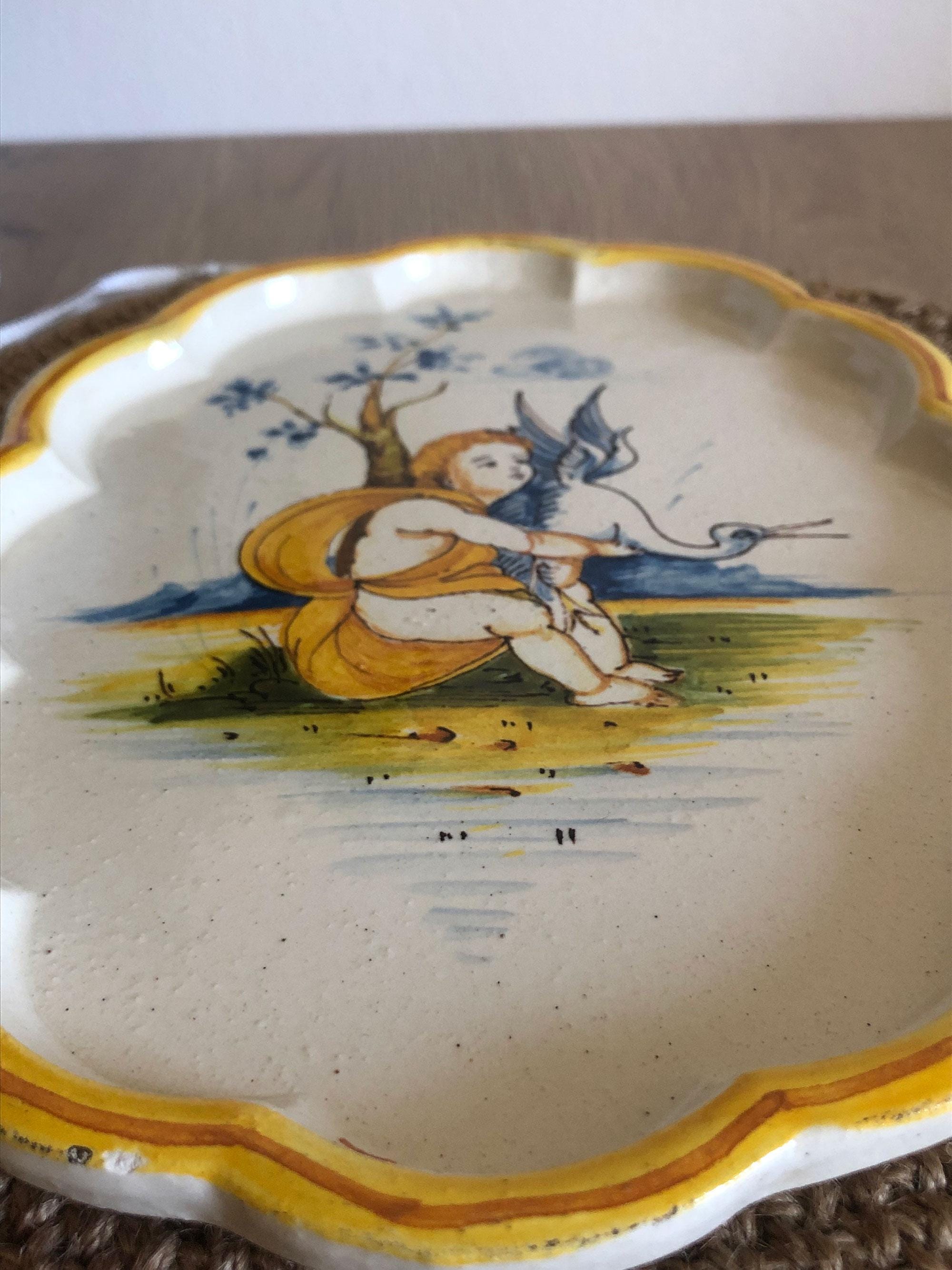 ヴィンテージ 手描き イタリア製マジョリカ焼き 陶器皿、天使モチーフ 