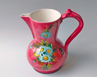 Vintage Ceramic Jug,  Italian Wine Pitcher, Flower Vase with Hand-Painted Flowers