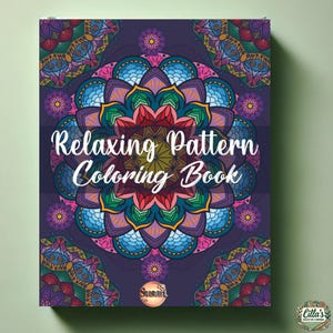 May include: A purple cover for a relaxing pattern coloring book with a colorful mandala design and the text "Relaxing Pattern Coloring Book".