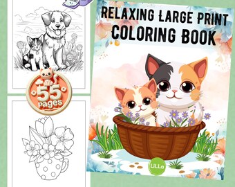 Libro para colorear digital con letras grandes: para imprimir en casa / Alivio del estrés y relajación / Coloración consciente para adultos / 55 páginas únicas