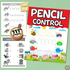 May include: A red and white book with the title "Pencil Control" and a picture of a bee, a ladybug, a frog, and a helicopter. The book has 111 pages and is designed to help children develop their fine motor skills.